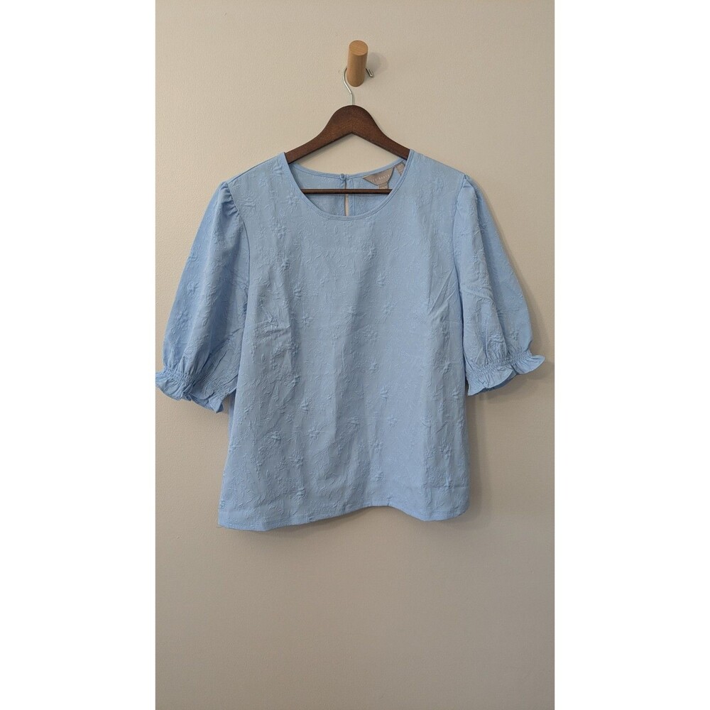 Ted Baker Womens Blouse XL Cottage Peasant Top Powder Blue Floral Puff Sleeve
